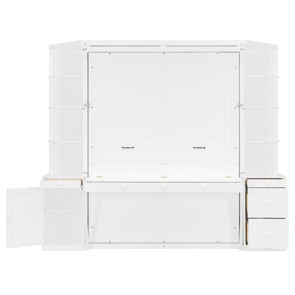 English Elm Queen Murphy Bed with Integrated Desk Cabinet Storage Wall Unit for Home Office White LP000739AAK