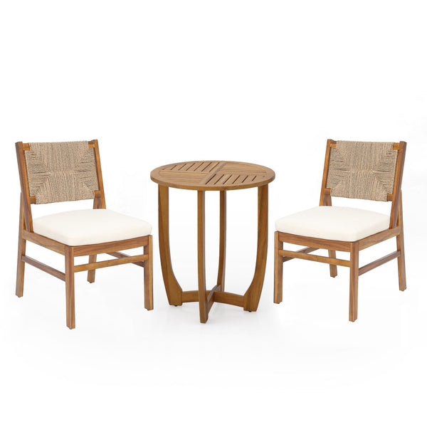 English Elm 3 Piece Acacia Wood Outdoor Bistro Set with Wicker Chairs Teak Finish Patio Balcony N773OD00082B