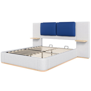 English Elm Christopher Knight Home® - Queen Plush Leather Upholstered Bed Frame with Wingback Headboard, Wavy Footboard, Quiet Support Blue+Grey 50.63 L x 18.88 W x 8.25 H N761S0000023E