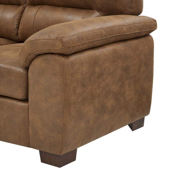 English Elm Vintage Three‑Seat Sofa with Tufted PU Leather, Rolled Arms & Sturdy Wooden Legs for Cozy Living Rooms Light Brown B343S00005