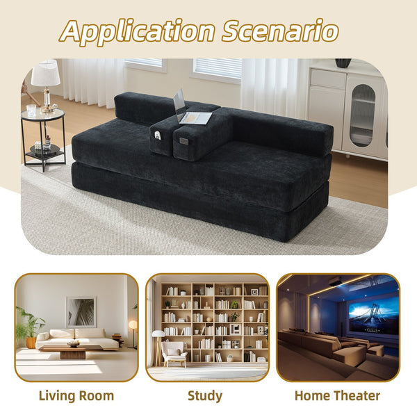 English Elm UNITED Folding Sofa Bed with Removable Cover Zipper, Chenille Memory Foam Sleeper for Small Spaces Black W1568P293809