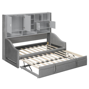 English Elm Twin Upholstered Daybed with LED Armrest Lighting, Hidden Storage Shelves & Lift-Up Pull-Out Trundle Gray SF000198AAE