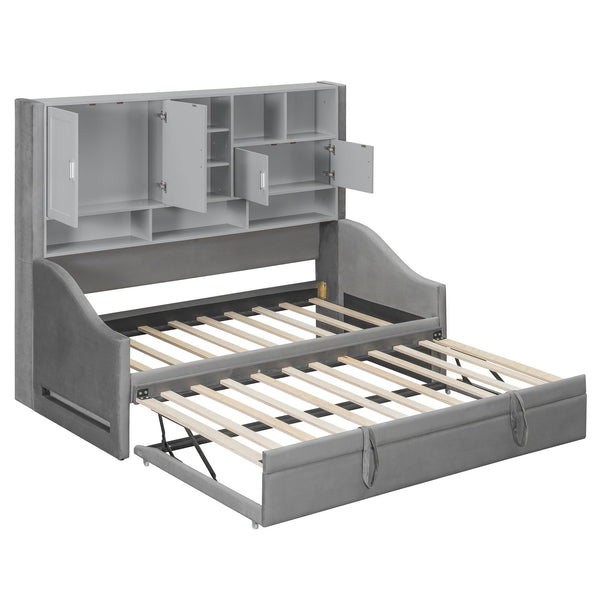 English Elm Twin Upholstered Daybed with LED Armrest Lighting, Hidden Storage Shelves & Lift-Up Pull-Out Trundle Gray SF000198AAE