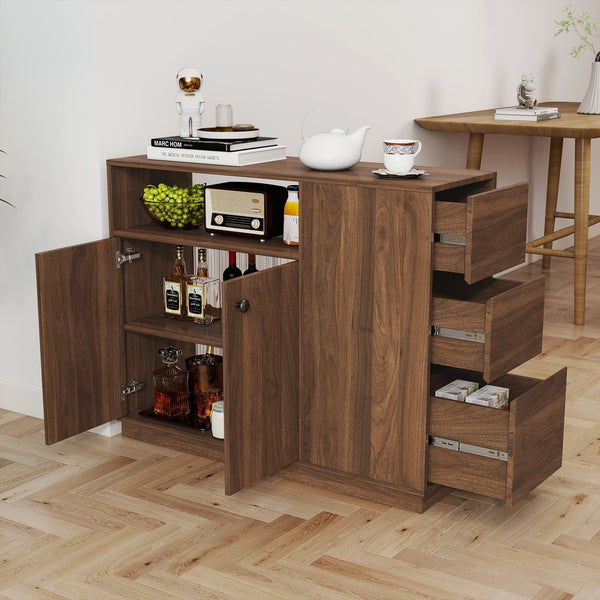 English Elm Kitchen Small Sideboard Countertop Organizer with 2 Glass Sliding Doors, 3 Drawers & Display Shelf, Compact Storage Solution for Kitchen Living Room Office (43.7x17.32x9.84) W331P289098