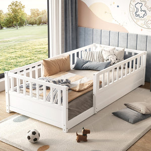 English Elm Twin Montessori Floor Bed Solid Pine Frame with Safety Fence Door for Kids Play Space White W1858P382398