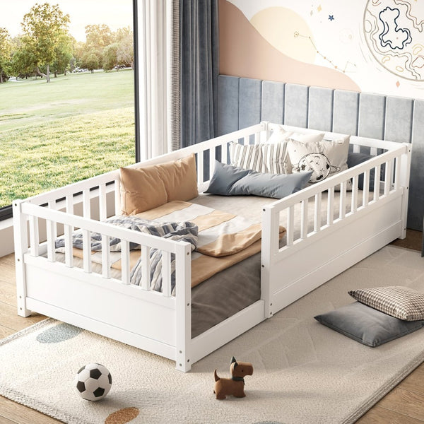 English Elm Twin Montessori Floor Bed Solid Pine Frame with Safety Fence Door for Kids Play Space White W1858P382398