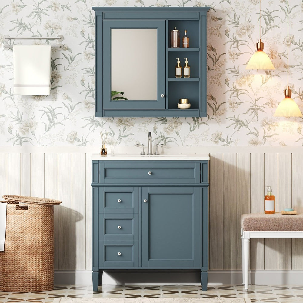 English Elm 30'' Freestanding Bathroom Vanity Set with Mirror Cabinet Ceramic Sink Soft Close SW000126AAM-1