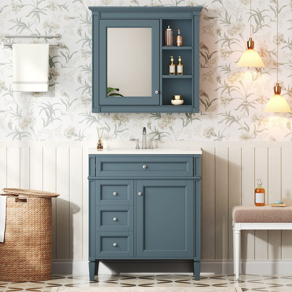 English Elm 30'' Freestanding Bathroom Vanity Set with Mirror Cabinet Ceramic Sink Soft Close SW000126AAM-1