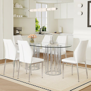 English Elm Table Set Oval Tempered Glass Top Silver Twin Column Base with Six Pu Dining Chairs W1151S04744