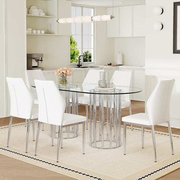 English Elm Table Set Oval Tempered Glass Top Silver Twin Column Base with Six Pu Dining Chairs W1151S04744