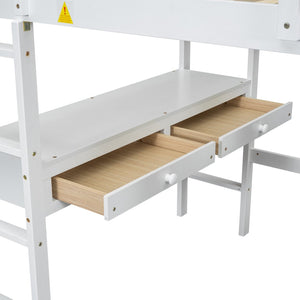 English Elm Full Size Loft Bed Pine Wood Frame with Desk Four Drawers and Shelves in White SM000320AAK-1