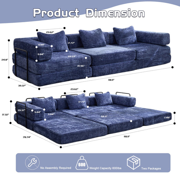 English Elm Compression Convertible Floor Sofa Bed - Durable Chenille, No Assembly, Multi-Purpose Design, Dark Blue W3723S00016