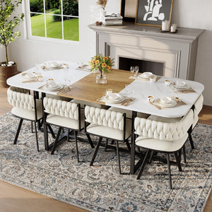 English Elm 9-piece Square Dining Set Velvet Upholstered Chairs Two-tone Tabletop Seats 8 Beige,White,Wood W3875S00149