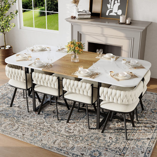 English Elm 9-piece Square Dining Set Velvet Upholstered Chairs Two-tone Tabletop Seats 8 Beige,White,Wood W3875S00149