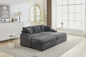 English Elm Corduroy Upholstered Chaise Lounge Sofa with Movable Ottoman, Cup Holder, Deep Seat Comfort Grey W2120S00007