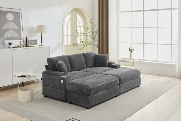 English Elm Corduroy Upholstered Chaise Lounge Sofa with Movable Ottoman, Cup Holder, Deep Seat Comfort Grey W2120S00007