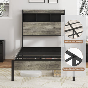 English Elm Bed single-frame with antique gray wood & metal, headboard storage and central charging station, sturdy support W636P315790