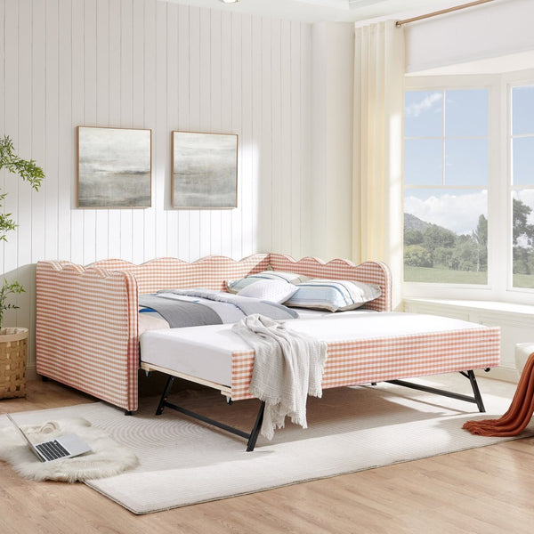 English Elm Full Size Gingham Linen Daybed with Wave Backrest Trundle and Usb Charging Port Pink W1413S00138