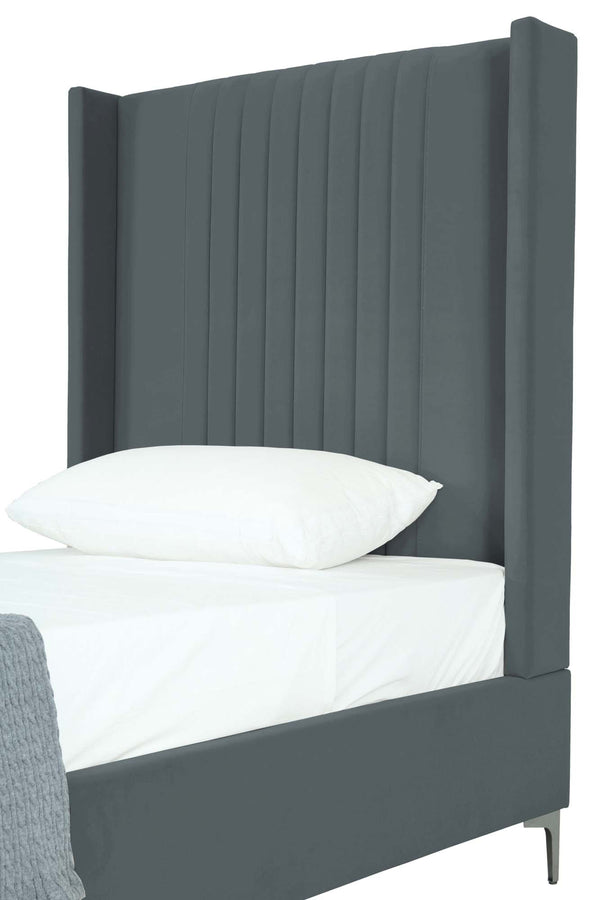English Elm Promenade Upholstered Velvet Twin Bed with Vertical Stitched Headboard, Solid Slats, No Box Spring Needed Grey B365S00052