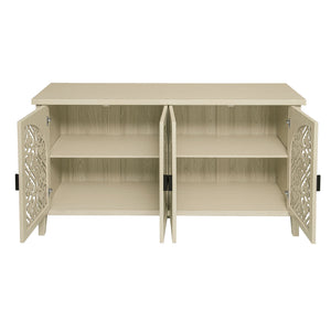 English Elm Hollowed-out Cabinet 4-Door Natural Finish with Carved Panels, Adjustable Shelves, Lockable Support, Solid Wood Feet W688P238047