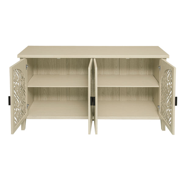 English Elm Hollowed-out Cabinet 4-Door Natural Finish with Carved Panels, Adjustable Shelves, Lockable Support, Solid Wood Feet W688P238047