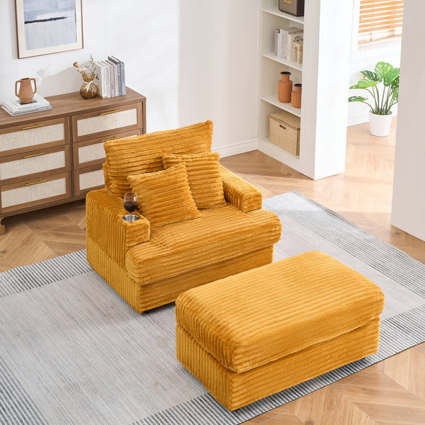 English Elm 39-inch Spring Corduroy Armchair and Ottoman Set with Cup Holder, Plush Sponge Cushions, 350lb Support Orange W1658S00074