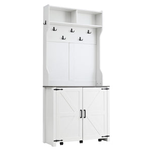 English Elm On-Trend Farmhouse 4-In-1 Hall Tree With Movable Bench, 7 Hooks, Shoe Storage & Barn Doors, White N721P205788K-GIGA