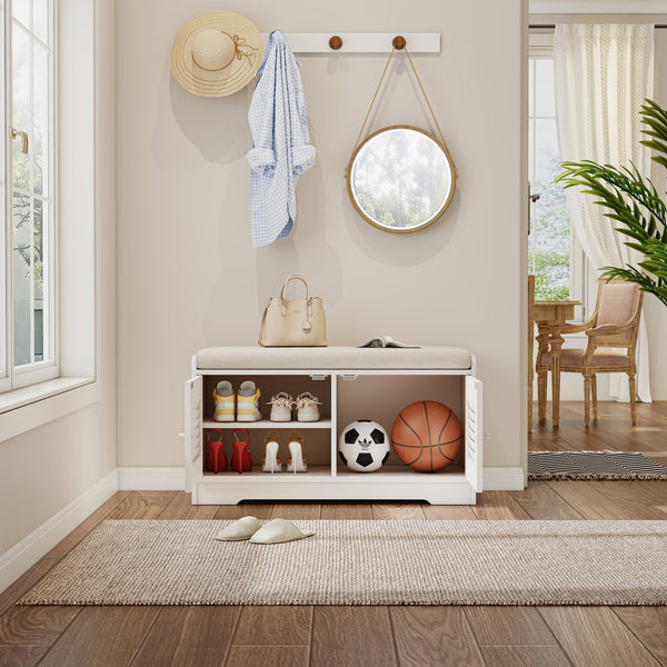 English Elm 28.74"Shoe Storage Bench with Cushion, 2-Door Louver Cabinet, Adjustable Shelves, Breathable Seat W2948P244736