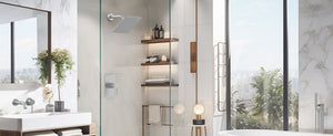 English Elm Shower 8" Square Rain Head Faucet Set with Single-Handle Mixer, 15" Arm, Rack Storage & Detachable Trim (Modern) Brushed Nickel T3177P269411
