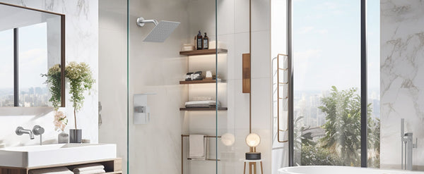 English Elm Shower 8" Square Rain Head Faucet Set with Single-Handle Mixer, 15" Arm, Rack Storage & Detachable Trim (Modern) Brushed Nickel T3177P269411