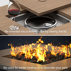 English Elm 28In Gas Fire Pit Table 50000 BTU Propane with Lid & Lava Rocks, ETL Safe, Wood Grain Black, Compact Outdoor Heat W944P198937