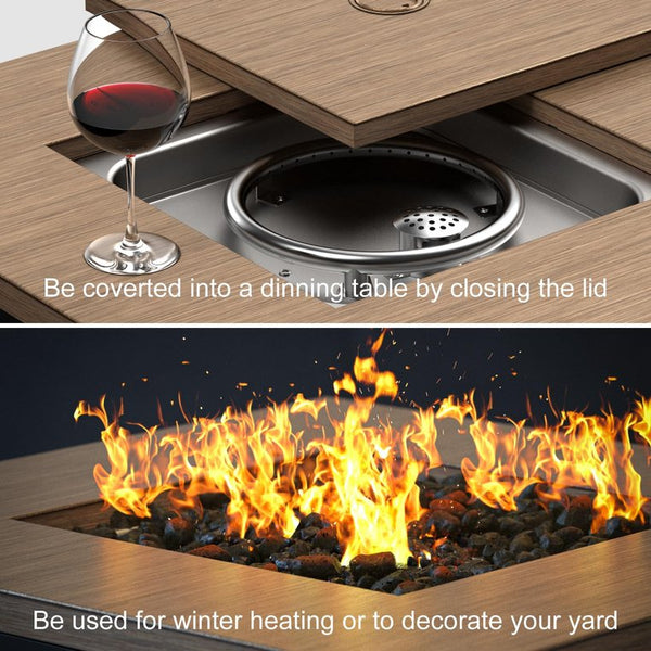 English Elm 28In Gas Fire Pit Table 50000 BTU Propane with Lid & Lava Rocks, ETL Safe, Wood Grain Black, Compact Outdoor Heat W944P198937