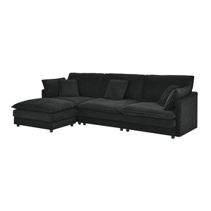 English Elm Modern Sectional Convertible Sofa with Ottoman, Oversized L-Shaped 4-Seater Towel Fabric Comfort Black W1413S00080