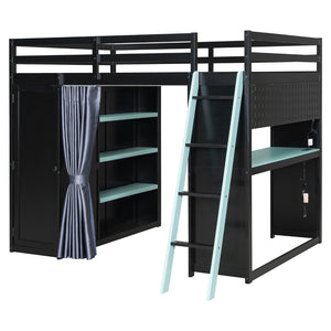 English Elm Full Size Wood Loft Bed with Wardrobe Desk Shelves Rgb Lighting and Blackout Curtains Black+Blue LT000269AAC-1