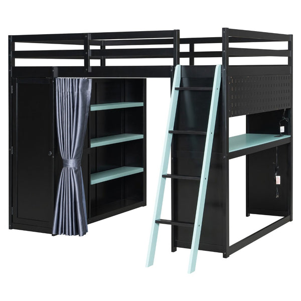 English Elm Full Size Wood Loft Bed with Wardrobe Desk Shelves Rgb Lighting and Blackout Curtains Black+Blue LT000269AAC-1