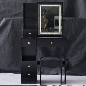 English Elm 29.2" Compact Vanity Table With Led Mirror & Cushioned Stool - Space-Saving Design For Small Rooms W936P226035