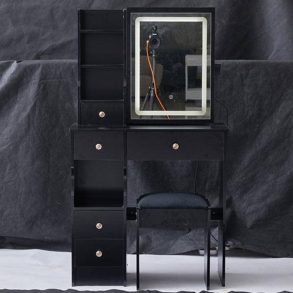 English Elm 29.2" Compact Vanity Table With Led Mirror & Cushioned Stool - Space-Saving Design For Small Rooms W936P226035