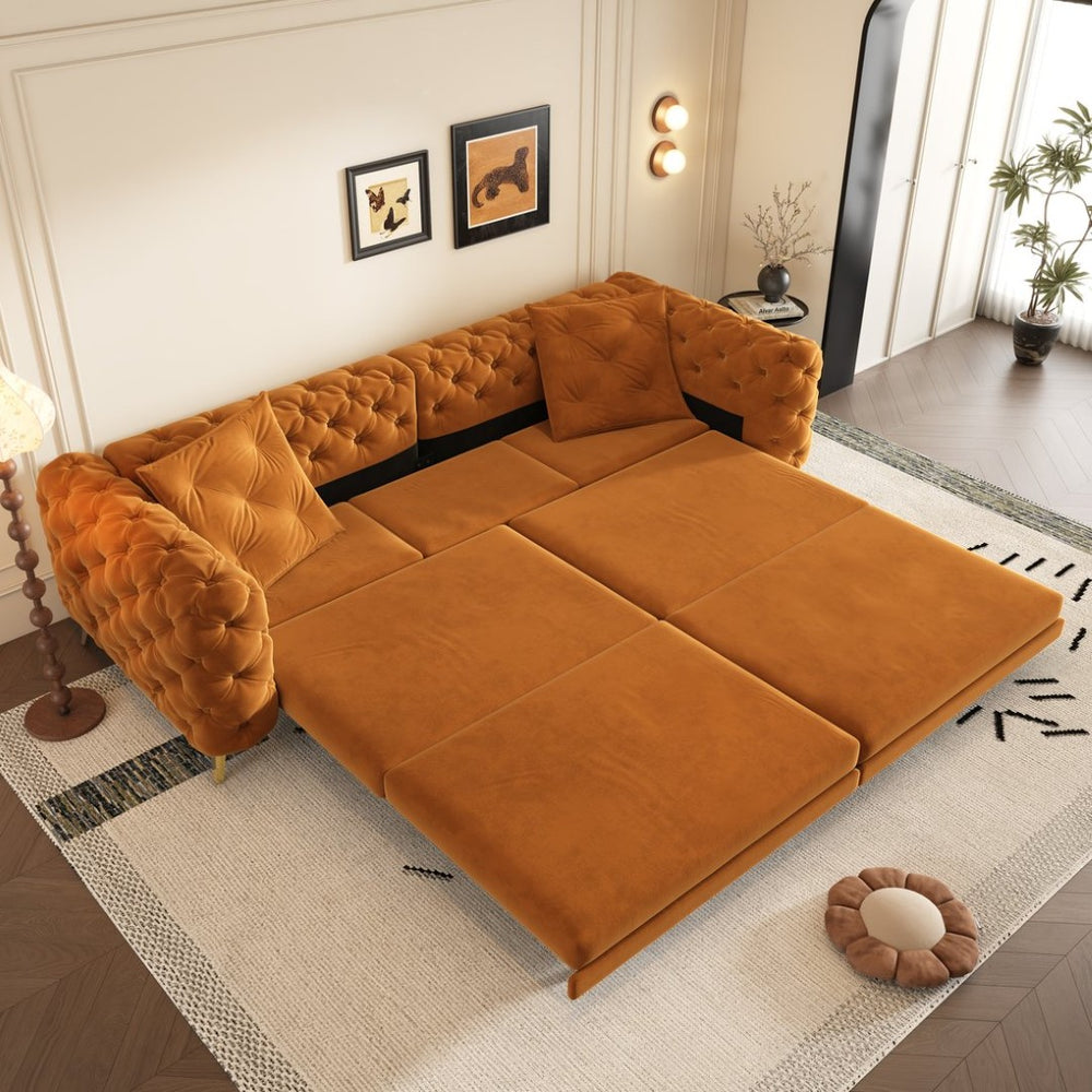 English Elm 97.6" Oversized Velvet Chesterfield Sleeper Sofa Floral Tufted Roll Arm Living Room Couch Orange W1885S00299