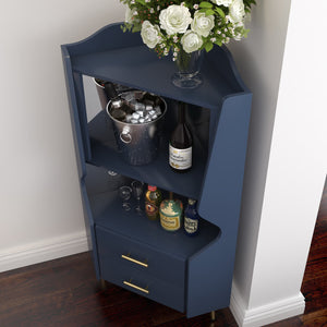 English Elm Wooden Corner Bar Cabinet with Mirrored Back, High Legs, 2 Shelves & 2 Drawers for Stylish Storage Blue W2899P374346