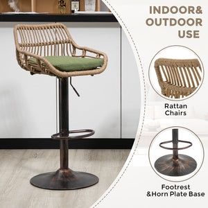 English Elm Modern Swivel Bar Stools Set of 2 Adjustable Counter Height Chairs with Linen Seat, Retro Rattan Back, 360° Rotation and Footrest, Vintage Gold Base, Durable Indoor/Outdoor Seating (Seat Height 25.6–33.9") Green W39594822