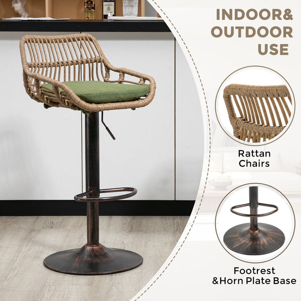 English Elm Modern Swivel Bar Stools Set of 2 Adjustable Counter Height Chairs with Linen Seat, Retro Rattan Back, 360° Rotation and Footrest, Vintage Gold Base, Durable Indoor/Outdoor Seating (Seat Height 25.6–33.9") Green W39594822