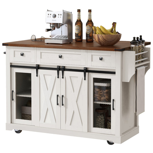 English Elm K&K 58" Farmhouse Kitchen Island with Sliding Barn Door, Drop Leaf, Glass Rack, Locking Wheels, Power White N707P349811W
