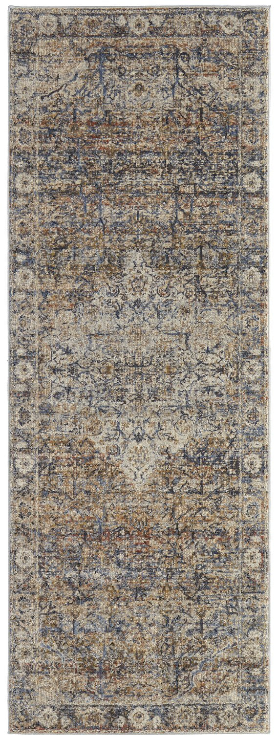 Feizy Rugs Kaia Luxurious Low Pile Area Rug – Soft, Durable Medallion Design Perfect For High Traffic Spaces Tan,Orange,Blue Polypropylene,Viscose,Polyester Kai39gmfmlt000i31