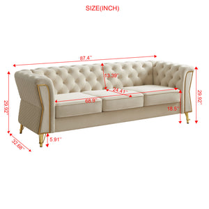 English Elm Modern Tufted Velvet Sofa with Gold Accent Frame and Flared Arms, High-Density Comfort Seating Beige W579P329996