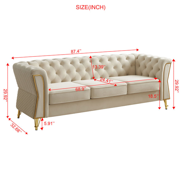 English Elm Modern Tufted Velvet Sofa with Gold Accent Frame and Flared Arms, High-Density Comfort Seating Beige W579P329996