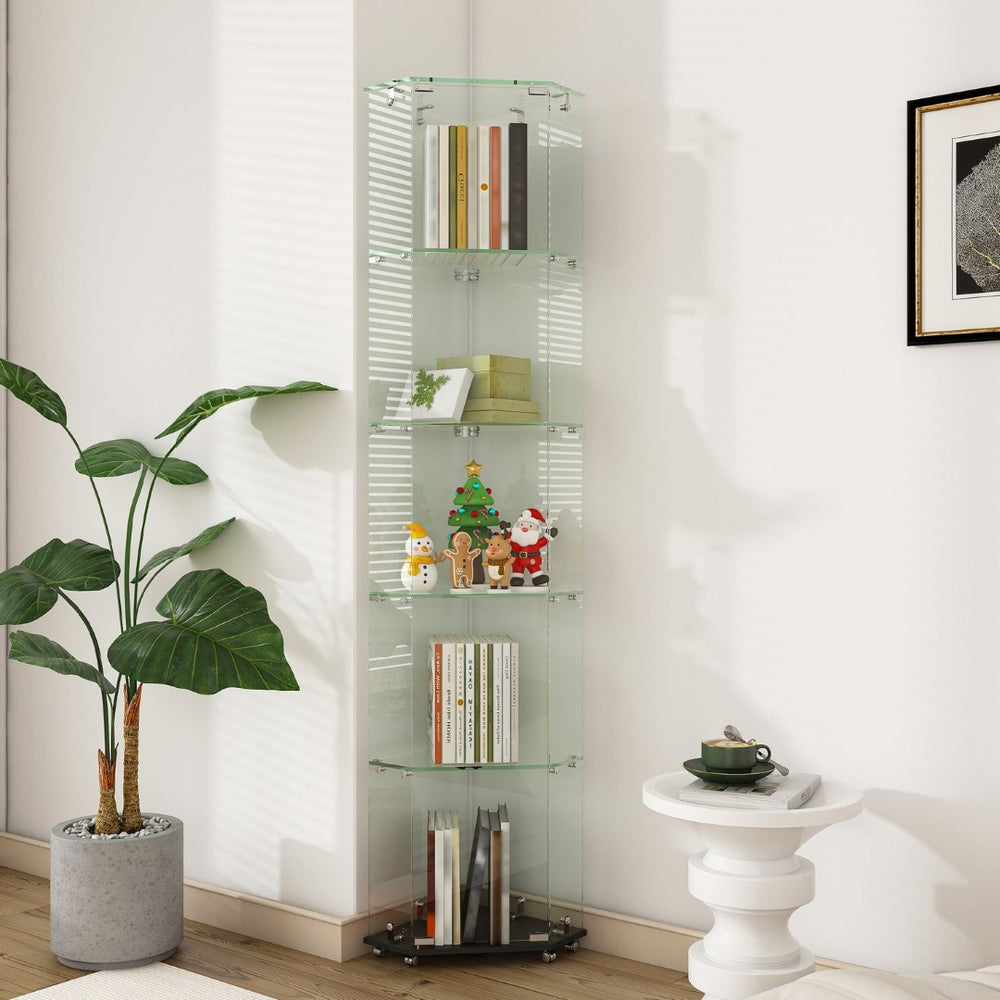English Elm Premium 5-Tier Diamond Glass Display Case With Dynamic Led Lighting For Collectibles & Decor Showcase W2700P353065-GIGA