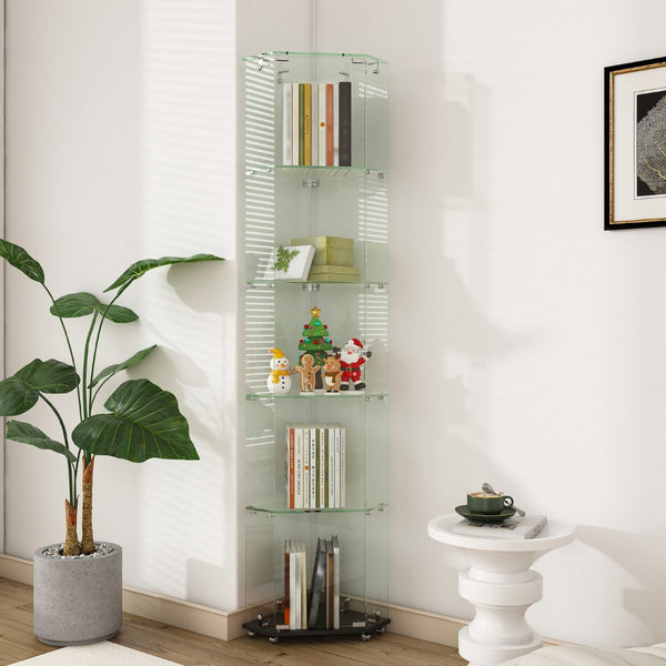 English Elm Premium 5-Tier Diamond Glass Display Case With Dynamic Led Lighting For Collectibles & Decor Showcase W2700P353065-GIGA