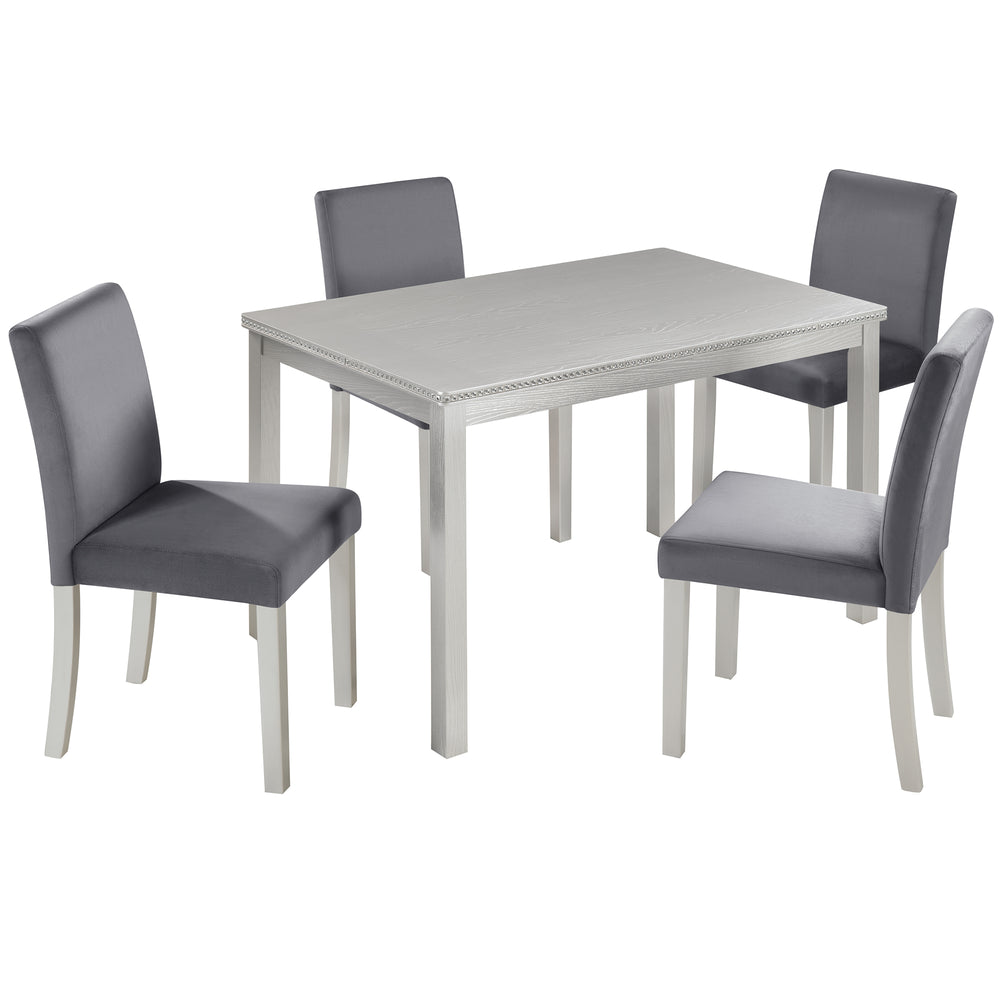 English Elm 5 Piece Wooden Dining Table Set - Elegant Silver Grey Kitchen Furniture With 4 Plush Chairs & Glam Accents W1998S00069