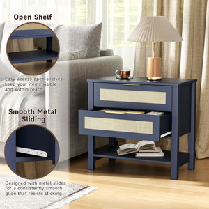 English Elm Rattan Front Boho Coastal Nightstand with Gold Pulls Open Shelf and Woven Drawer Accents Navy Blue T3210P471551