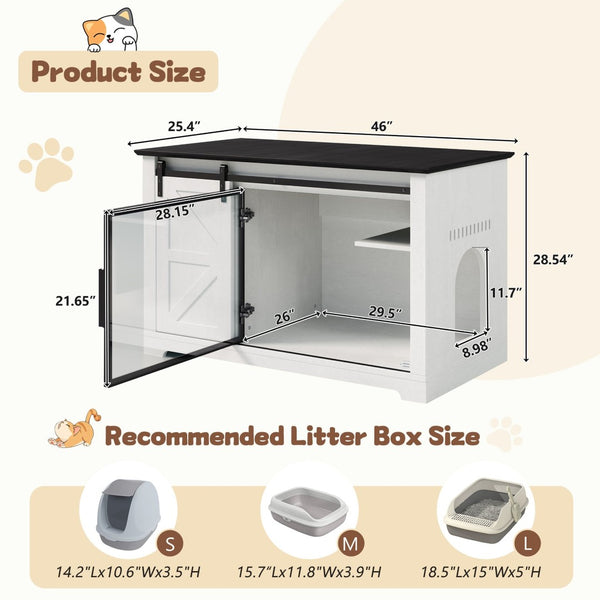 English Elm 46" Farmhouse Litter Box Enclosure with Barn Door Led Lighting and Storage Cabinet N704P402453K